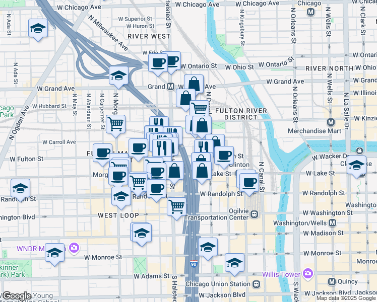 map of restaurants, bars, coffee shops, grocery stores, and more near 706 West Fulton Market in Chicago
