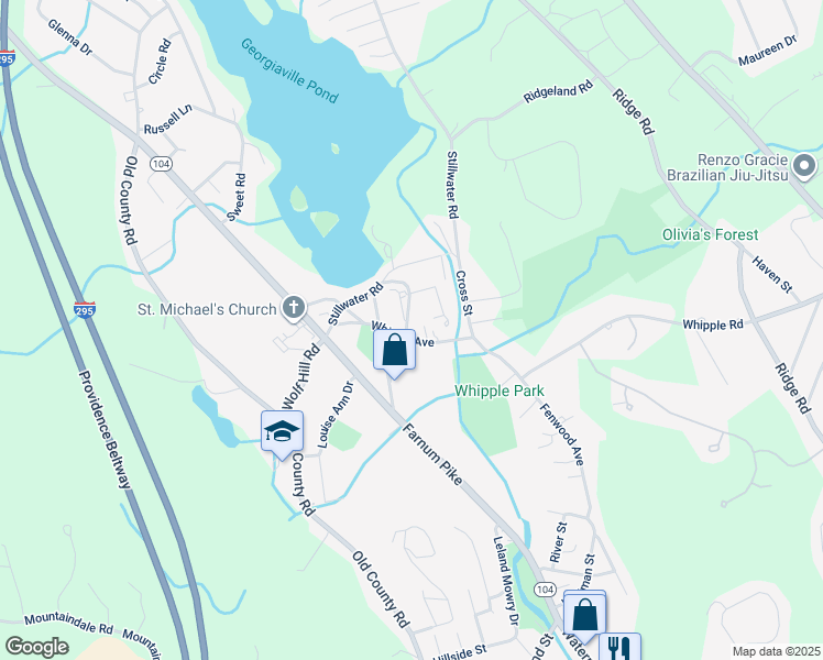 map of restaurants, bars, coffee shops, grocery stores, and more near 15 Higgins Street in Smithfield