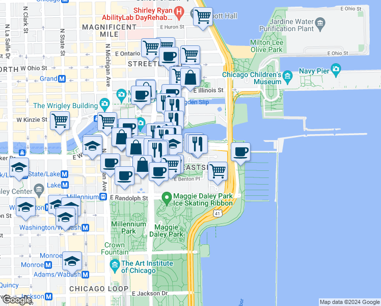 map of restaurants, bars, coffee shops, grocery stores, and more near 234 Chicago Riverwalk in Chicago