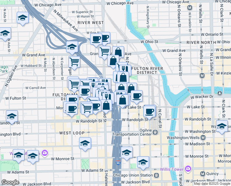 map of restaurants, bars, coffee shops, grocery stores, and more near 708w West Wayman Street in Chicago