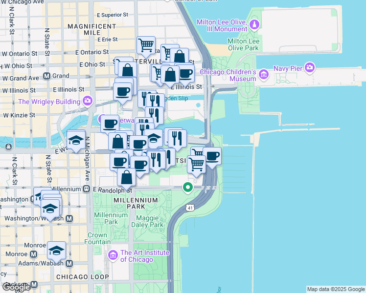 map of restaurants, bars, coffee shops, grocery stores, and more near 500 East Lower Wacker Drive in Chicago