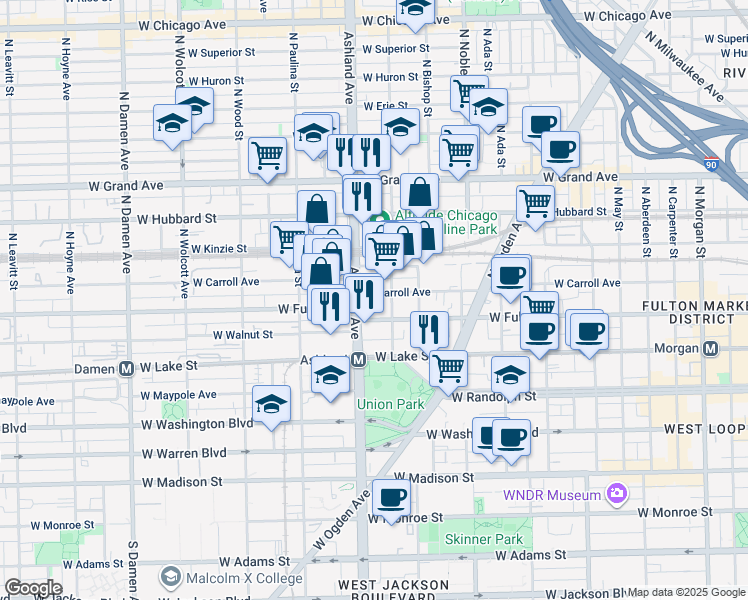 map of restaurants, bars, coffee shops, grocery stores, and more near 1552 West Carroll Avenue in Chicago