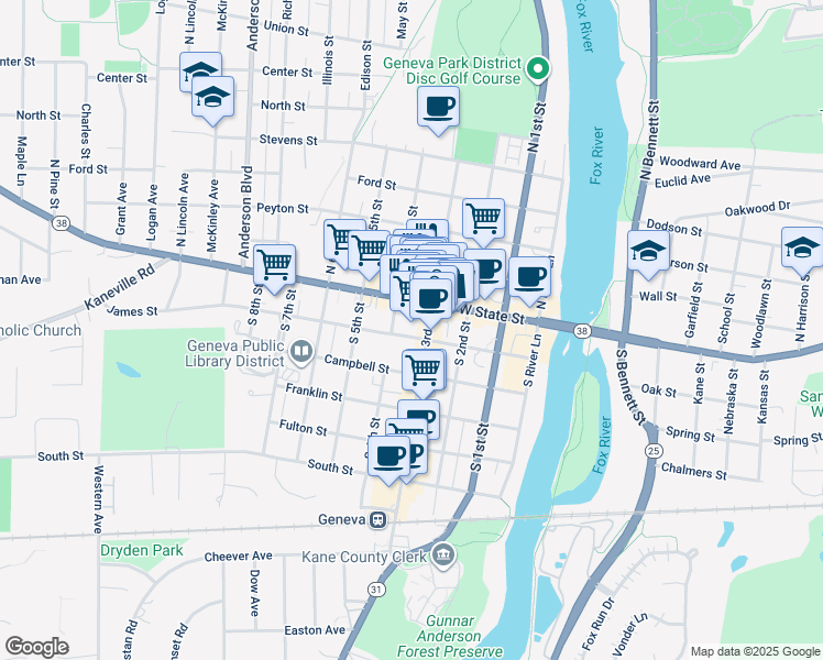 map of restaurants, bars, coffee shops, grocery stores, and more near 12 South 3rd Street in Geneva