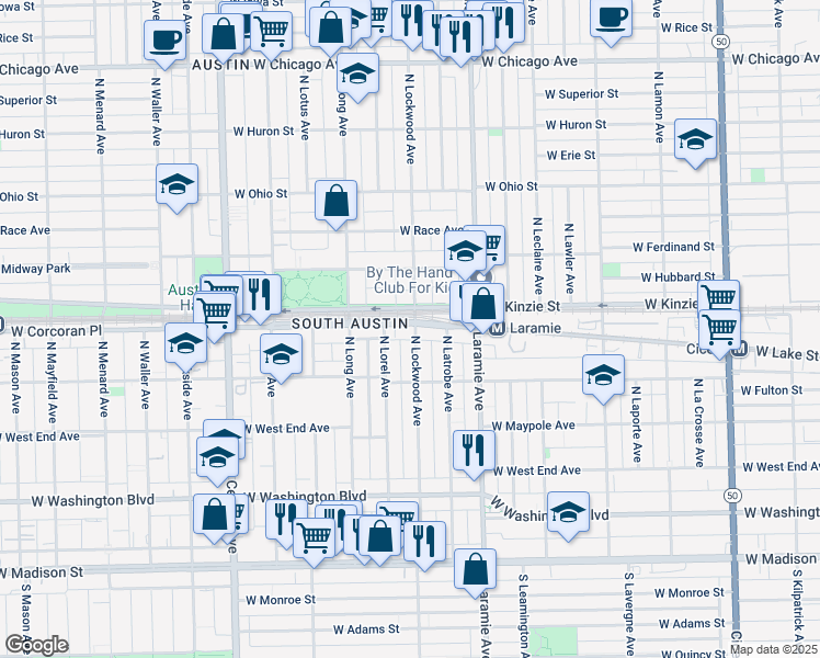 map of restaurants, bars, coffee shops, grocery stores, and more near 350 North Lockwood Avenue in Chicago