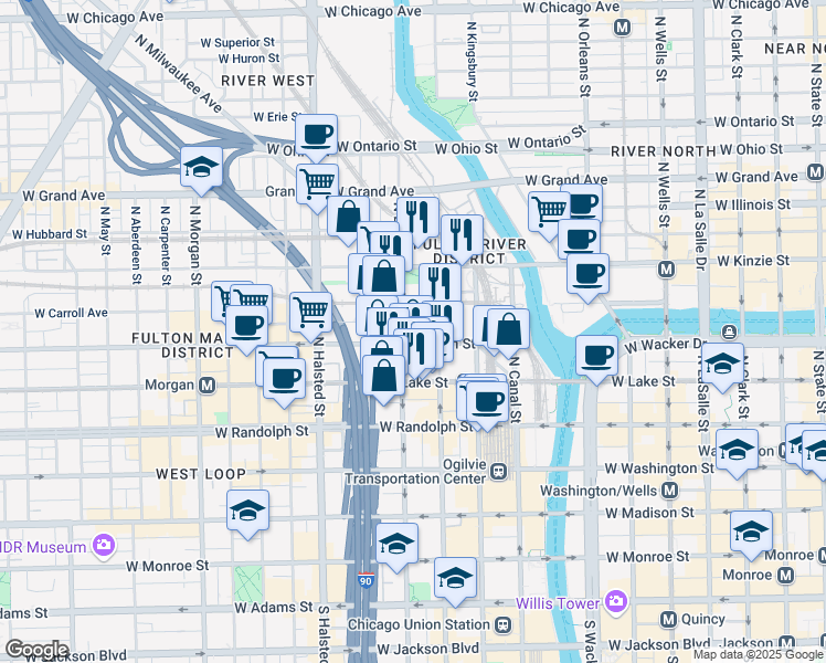 map of restaurants, bars, coffee shops, grocery stores, and more near 616 West Fulton Street in Chicago