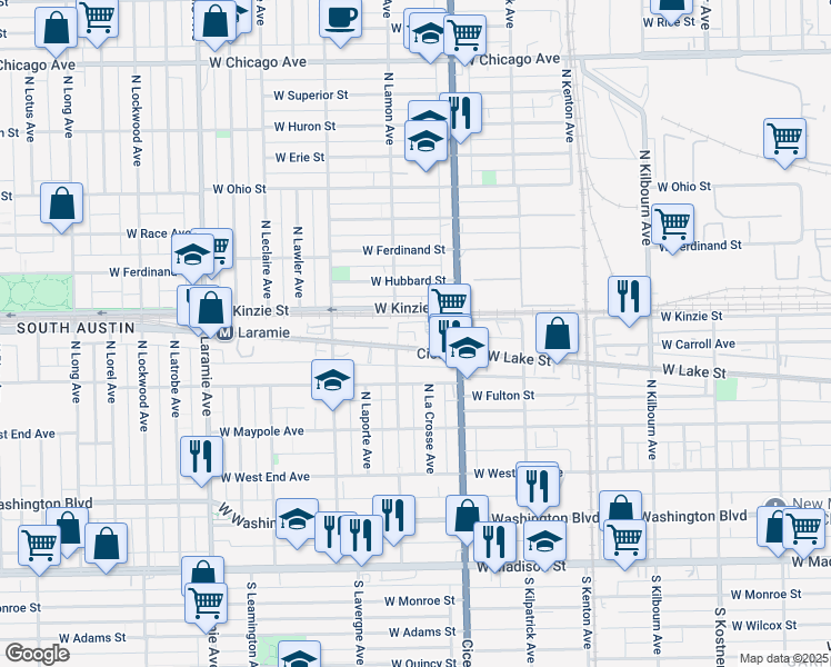 map of restaurants, bars, coffee shops, grocery stores, and more near 4840 West Lake Street in Chicago