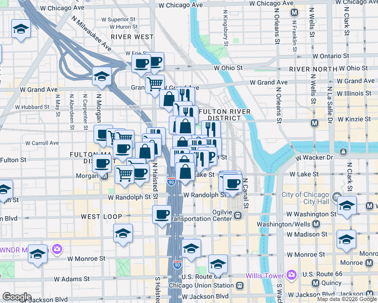 map of restaurants, bars, coffee shops, grocery stores, and more near 309 North Union Avenue in Chicago