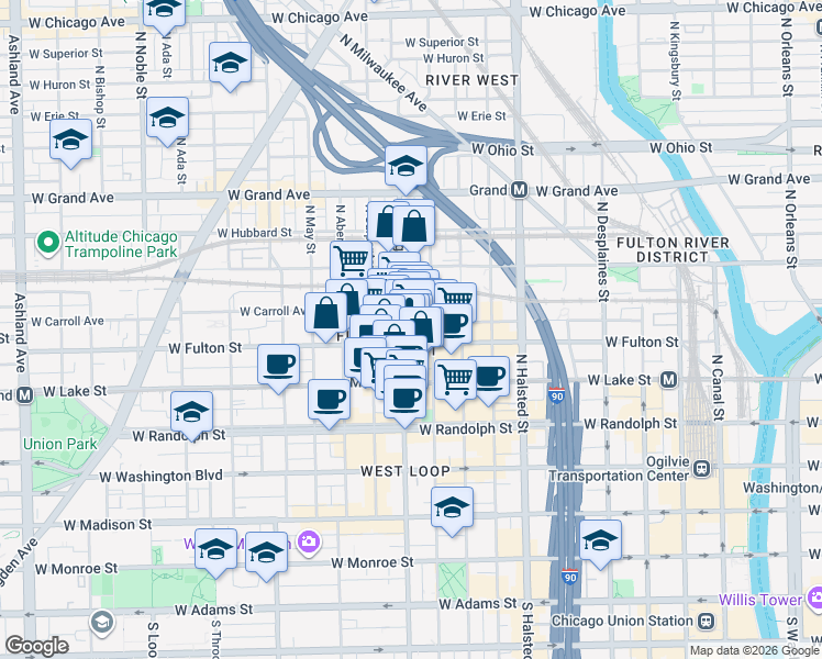 map of restaurants, bars, coffee shops, grocery stores, and more near 311 North Morgan Street in Chicago