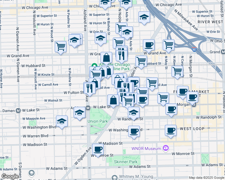 map of restaurants, bars, coffee shops, grocery stores, and more near 1410 West Carroll Avenue in Chicago