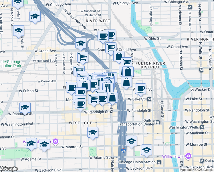 map of restaurants, bars, coffee shops, grocery stores, and more near 333 North Green Street in Chicago