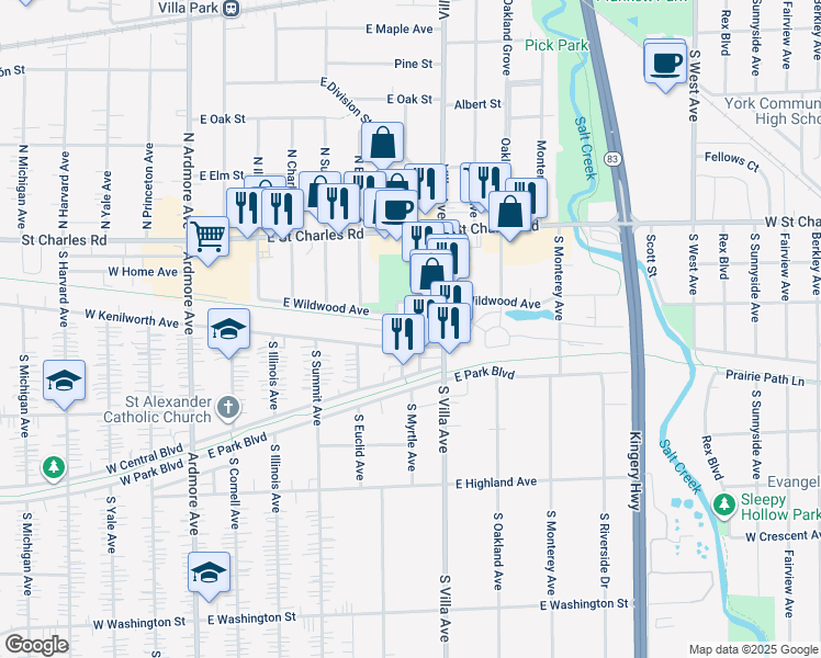 map of restaurants, bars, coffee shops, grocery stores, and more near 1926 South Myrtle Avenue in Villa Park