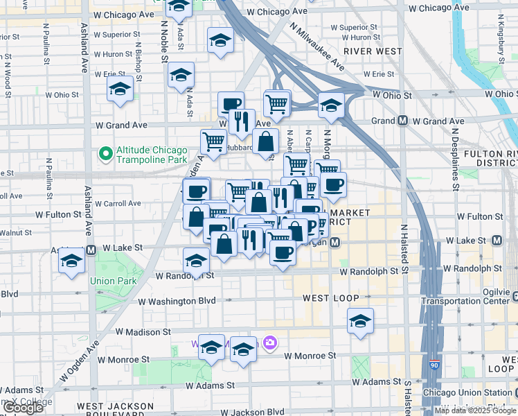 map of restaurants, bars, coffee shops, grocery stores, and more near 326 North Racine Avenue in Chicago