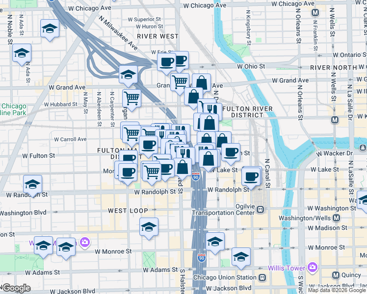 map of restaurants, bars, coffee shops, grocery stores, and more near 740 West Fulton Street in Chicago