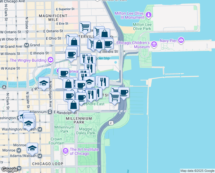 map of restaurants, bars, coffee shops, grocery stores, and more near 500 East Lower Wacker Drive in Chicago
