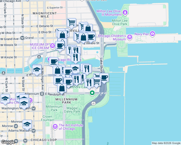map of restaurants, bars, coffee shops, grocery stores, and more near 420 East Waterside Drive in Chicago