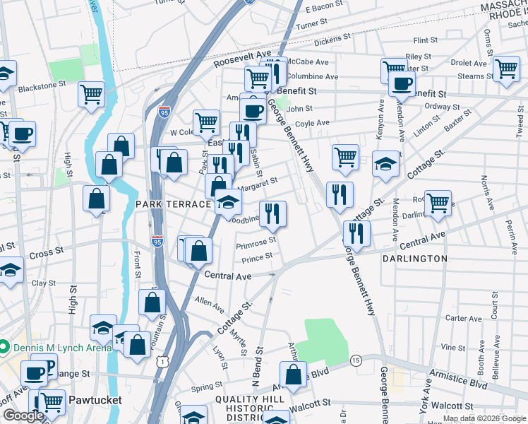 map of restaurants, bars, coffee shops, grocery stores, and more near 176 Woodbine Street in Pawtucket