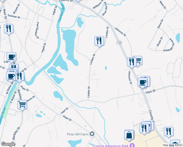 map of restaurants, bars, coffee shops, grocery stores, and more near 72 Linden Street in Taunton