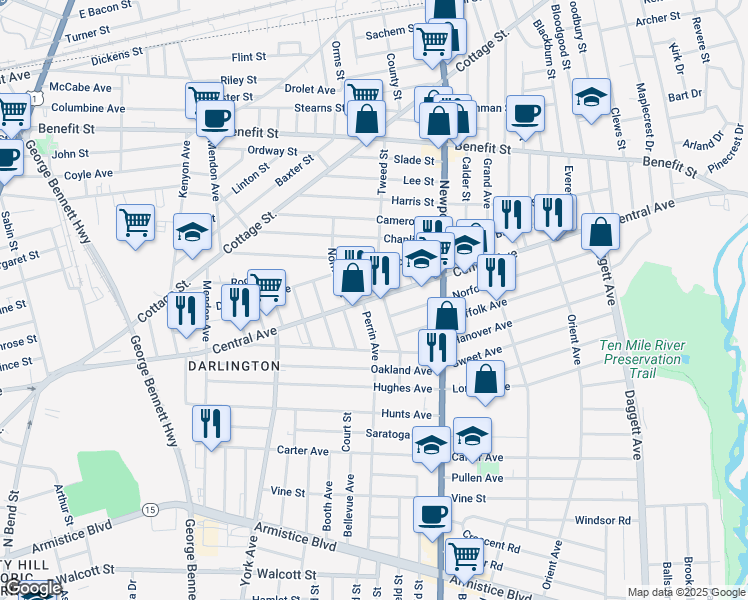 map of restaurants, bars, coffee shops, grocery stores, and more near in Pawtucket