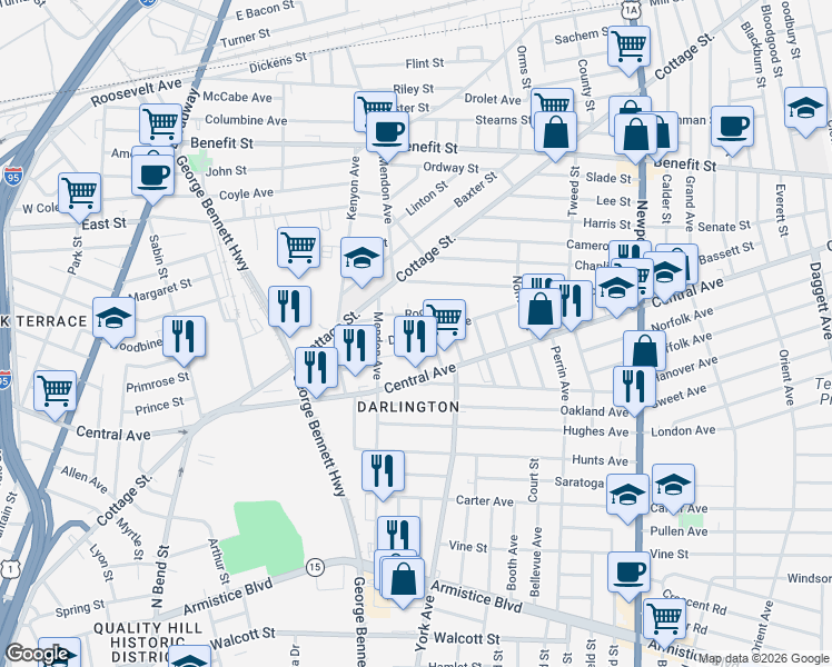 map of restaurants, bars, coffee shops, grocery stores, and more near 79 Rock Avenue in Pawtucket