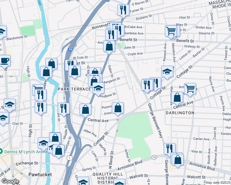 map of restaurants, bars, coffee shops, grocery stores, and more near 231 Japonica Street in Pawtucket