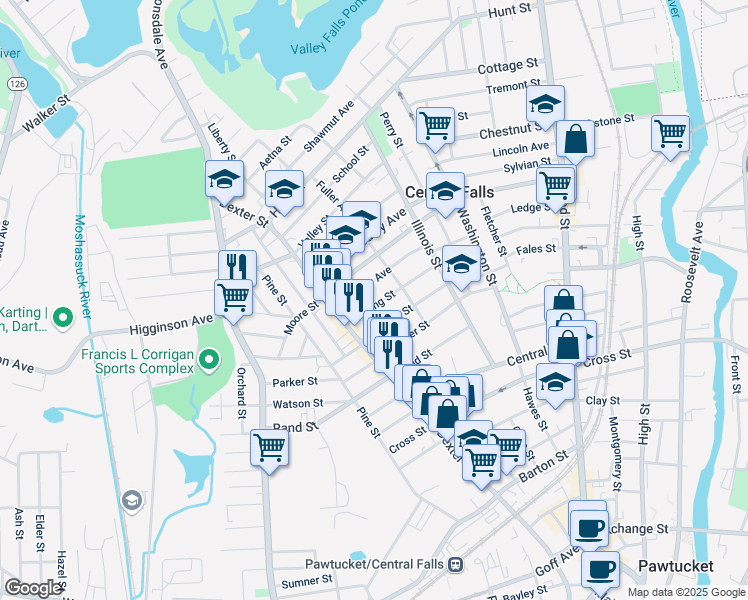 map of restaurants, bars, coffee shops, grocery stores, and more near 96 Sumner Avenue in Central Falls