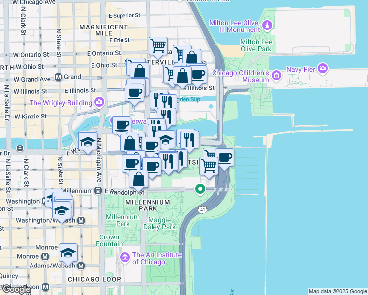 map of restaurants, bars, coffee shops, grocery stores, and more near 500 East Lower Wacker Drive in Chicago