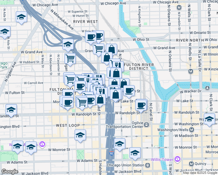 map of restaurants, bars, coffee shops, grocery stores, and more near 708w West Wayman Street in Chicago