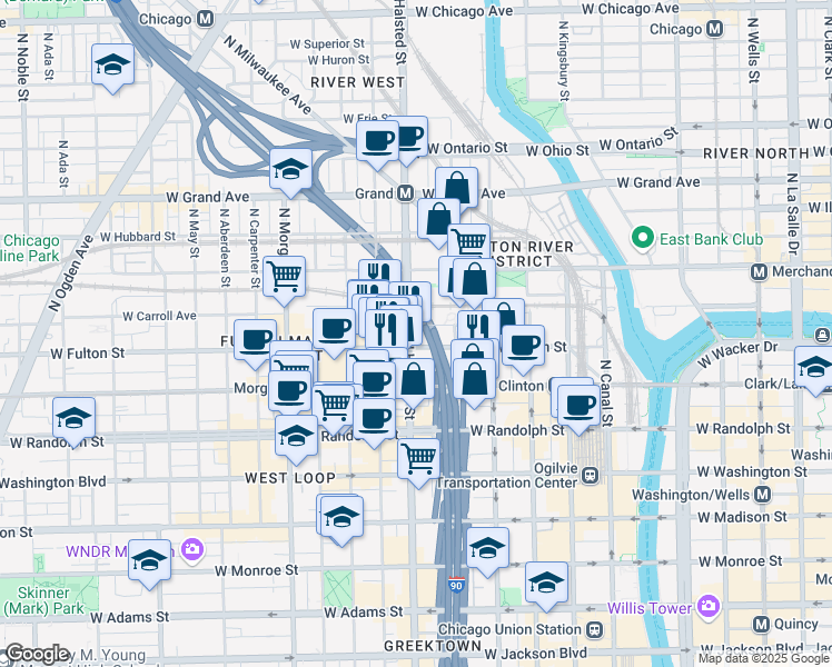 map of restaurants, bars, coffee shops, grocery stores, and more near 708w West Wayman Street in Chicago