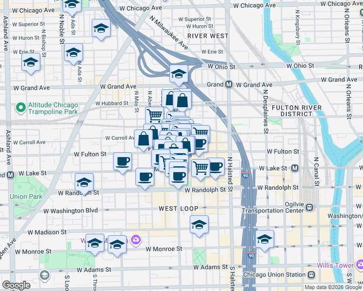 map of restaurants, bars, coffee shops, grocery stores, and more near in Chicago