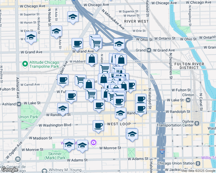 map of restaurants, bars, coffee shops, grocery stores, and more near 321 North Aberdeen Street in Chicago