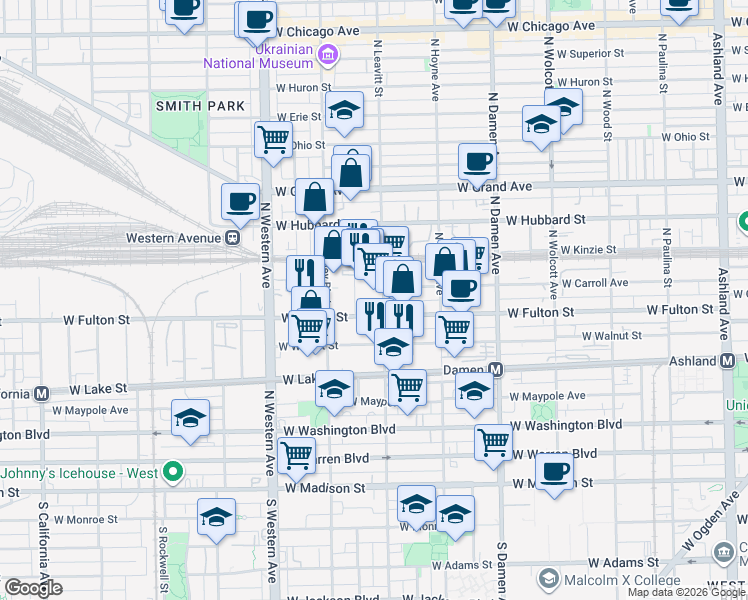 map of restaurants, bars, coffee shops, grocery stores, and more near 325 North Bell Avenue in Chicago