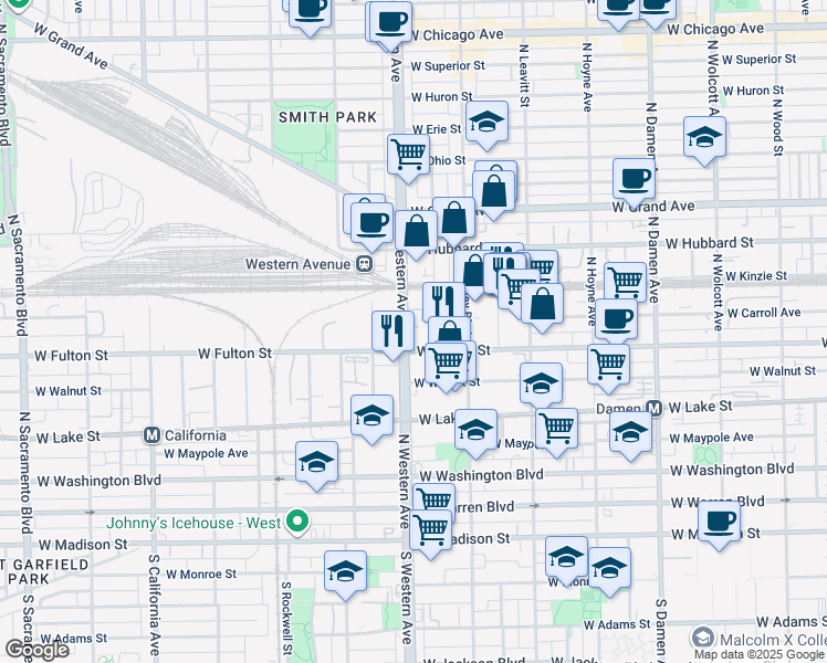 map of restaurants, bars, coffee shops, grocery stores, and more near 328 North Claremont Avenue in Chicago