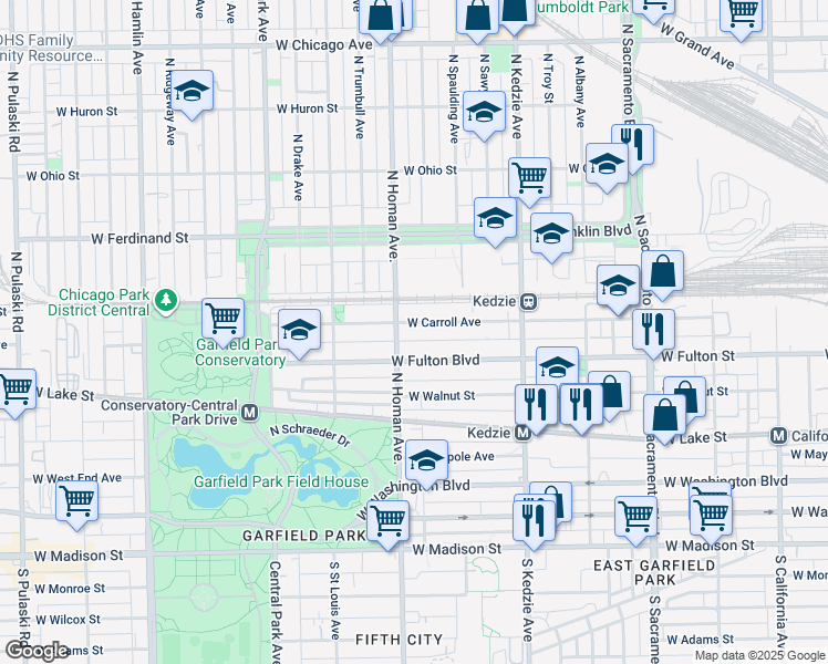 map of restaurants, bars, coffee shops, grocery stores, and more near 3356 West Carroll Avenue in Chicago