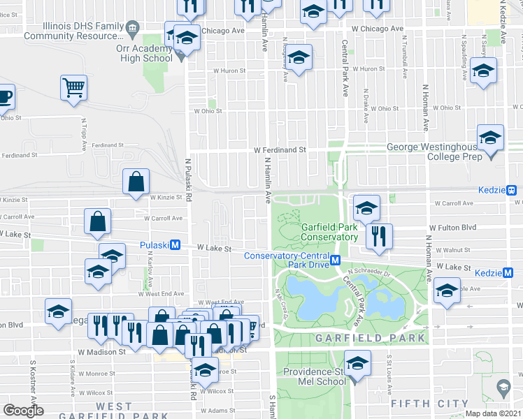 map of restaurants, bars, coffee shops, grocery stores, and more near 378 North Hamlin Avenue in Chicago