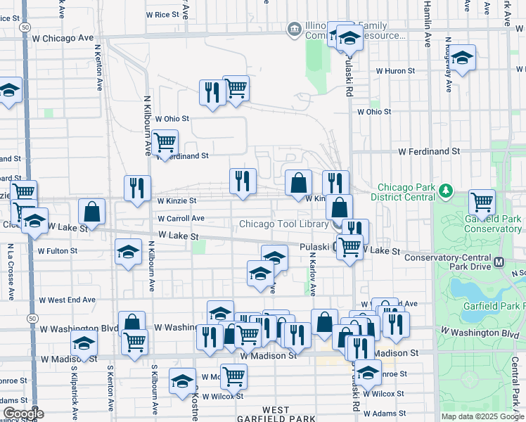 map of restaurants, bars, coffee shops, grocery stores, and more near 4231 West Kinzie Street in Chicago