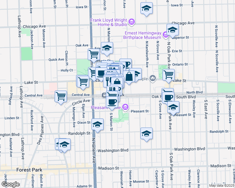 map of restaurants, bars, coffee shops, grocery stores, and more near 1006 North Boulevard in Oak Park