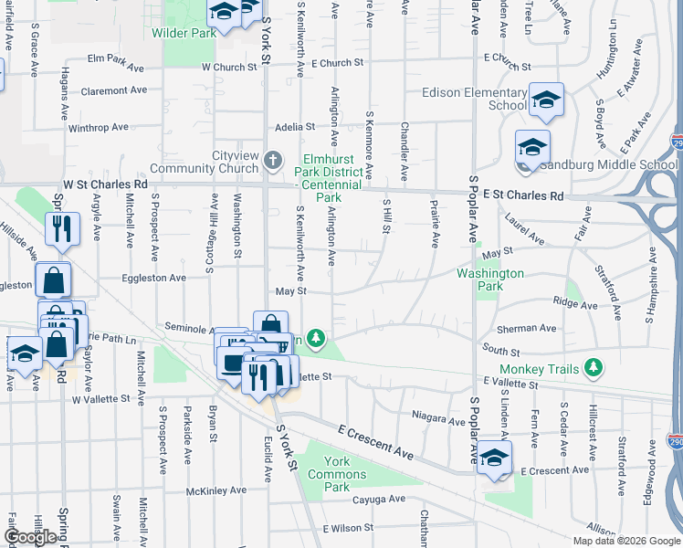 map of restaurants, bars, coffee shops, grocery stores, and more near 181 May Street in Elmhurst