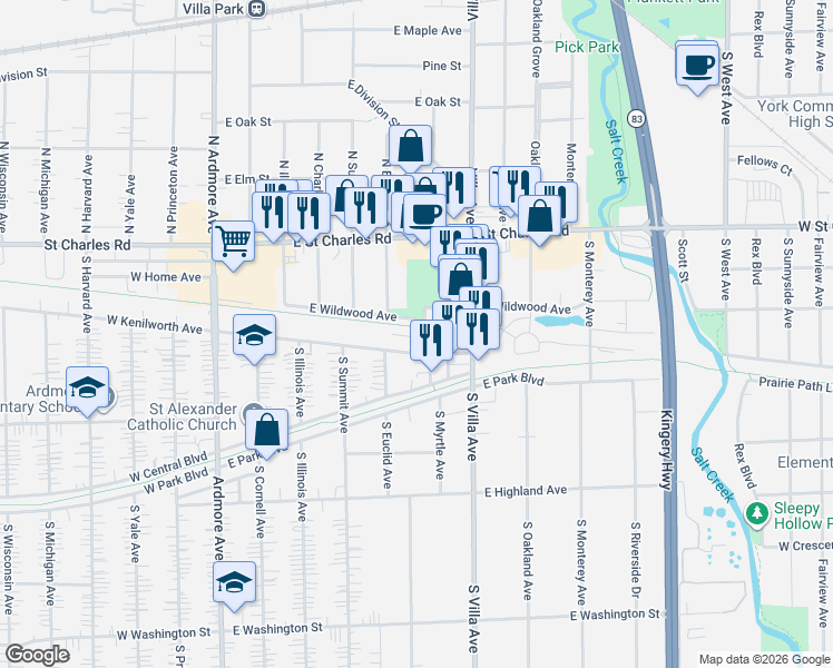 map of restaurants, bars, coffee shops, grocery stores, and more near 110 South Myrtle Avenue in Villa Park