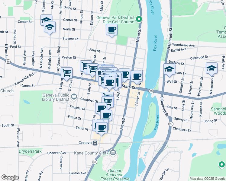 map of restaurants, bars, coffee shops, grocery stores, and more near 12 South 3rd Street in Geneva