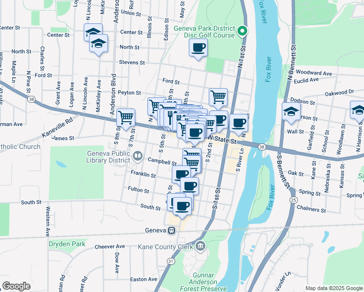 map of restaurants, bars, coffee shops, grocery stores, and more near 12 South 4th Street in Geneva