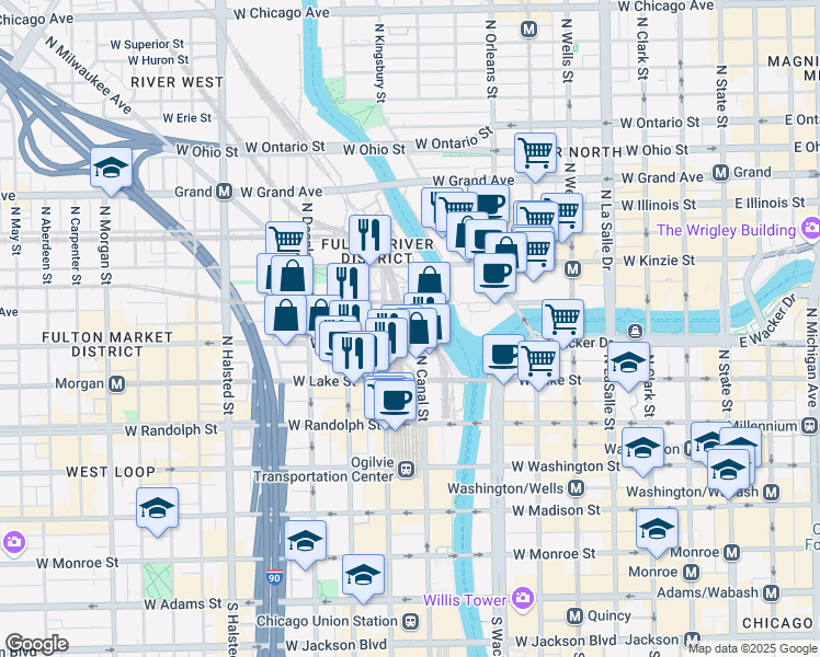 map of restaurants, bars, coffee shops, grocery stores, and more near 300 North Canal Street in Chicago