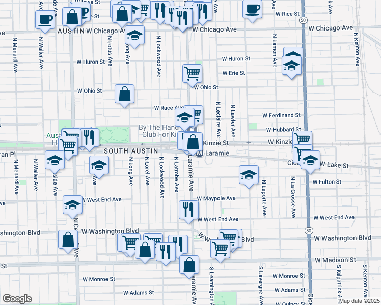 map of restaurants, bars, coffee shops, grocery stores, and more near W Lake St & N Laramie Ave in Chicago