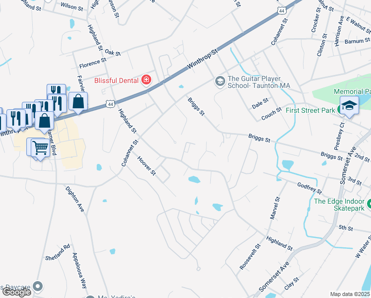 map of restaurants, bars, coffee shops, grocery stores, and more near 64 Appleblossom Lane in Taunton