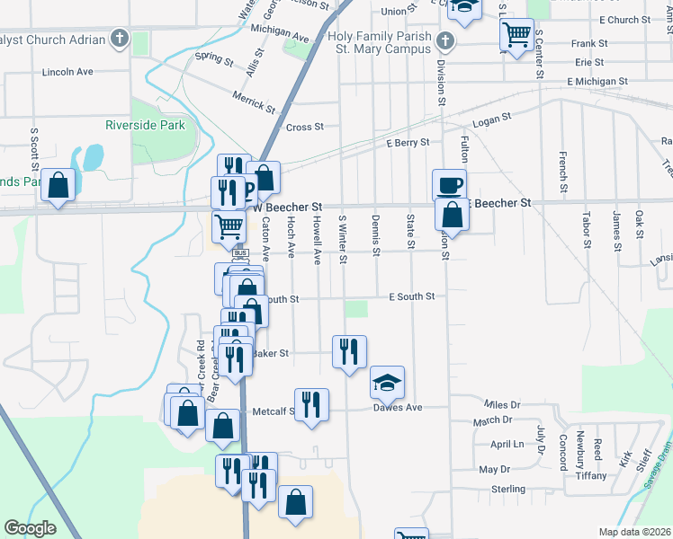 map of restaurants, bars, coffee shops, grocery stores, and more near 808 South Winter Street in Adrian