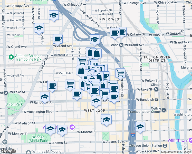 map of restaurants, bars, coffee shops, grocery stores, and more near in Chicago