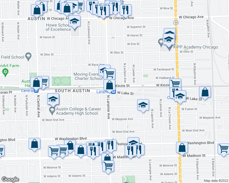 map of restaurants, bars, coffee shops, grocery stores, and more near 2694 West Lake Street in Chicago