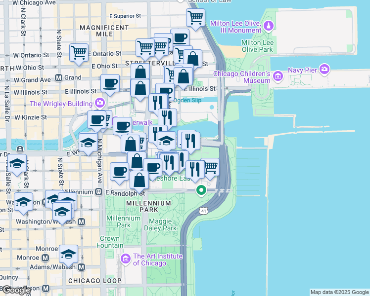 map of restaurants, bars, coffee shops, grocery stores, and more near 500 East Lower Wacker Drive in Chicago