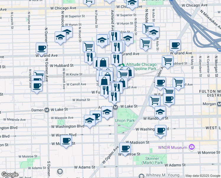 map of restaurants, bars, coffee shops, grocery stores, and more near 330 North Ashland Avenue in Chicago
