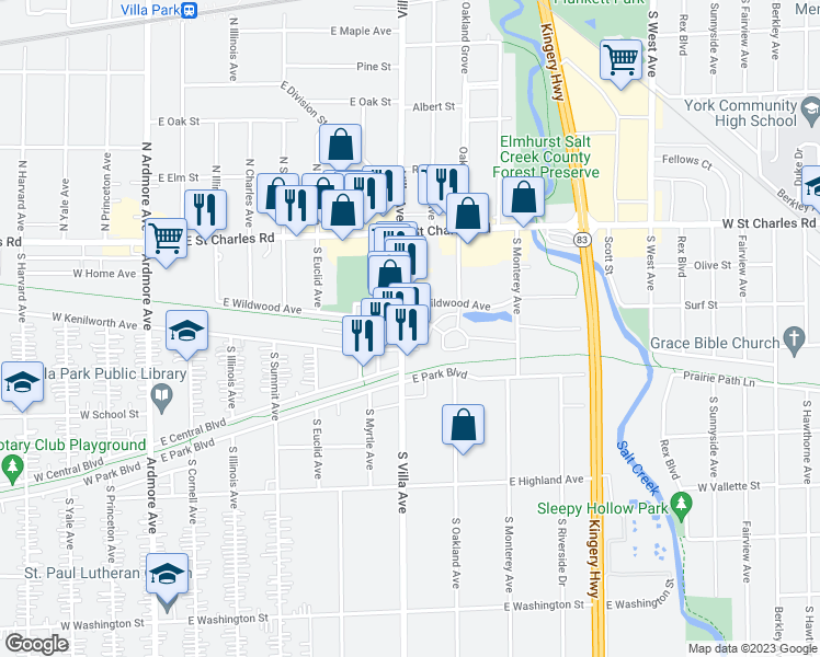 map of restaurants, bars, coffee shops, grocery stores, and more near 2 Ovaltine Court in Villa Park