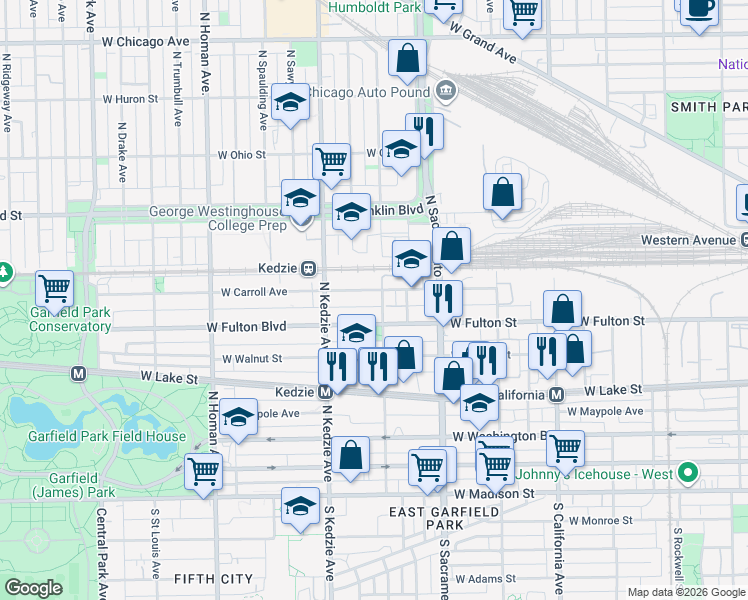 map of restaurants, bars, coffee shops, grocery stores, and more near 319 North Albany Avenue in Chicago